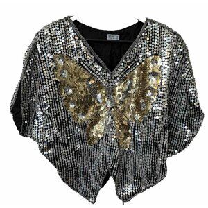 Vintage 100% Silk Sequin Beaded Butterfly Crop Top Y2K Cropped Black Silver